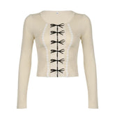 Bowknot contrast lace hem long sleeve top